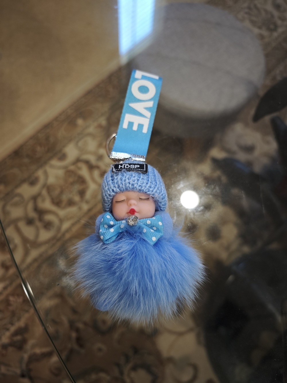 Blue Pom Doll Keychain with 'LOVE' Strap